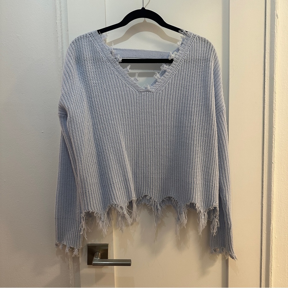 Full Tilt Light Blue Raw Hem Sweater
